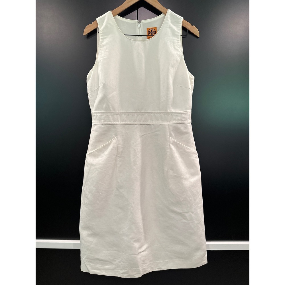 Tory Burch Timeless White Ramie Cotton Linen Sleeveless Pocket Shift Dress 10